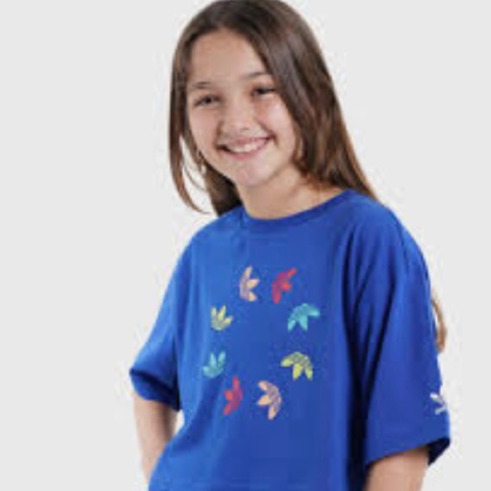 Adidas Bold Pink Originals Multi-color Trefoil "Big Girl" Kids Crop-top NWT XS - Picture 6 of 11